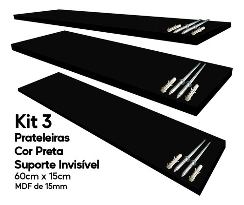 Kit 3 Prateleira Preta Mdf 60x15 Suporte Invisível Decoração