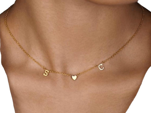 Collar 2 Iniciales Corazón  Plata Enchapada Oro Mujer  