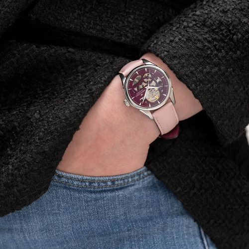 Reloj Hamilton Jazzmaster Skeleton Lady Auto H32265801 Correa Rosa Bisel Plateado Fondo Rosa
