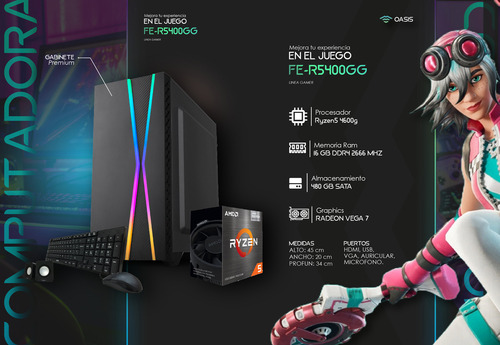 Computadora Armada Ryzen 5 4600g 16gb Ram 480gb Ssd Windows 11 + Gabinete Gamer + Kit Teclado Mouse