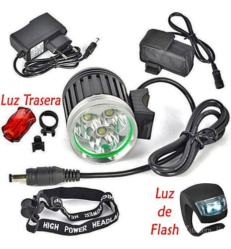 Kit 3 En 1 Linterna Bicicleta Y Cabeza 3 Led Xml-t6 +2 Luces