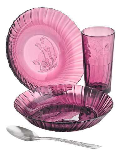 Set Vajilla Platos Vasos Cubiertos Vidrio Morado 12 Piezas Color Rosa