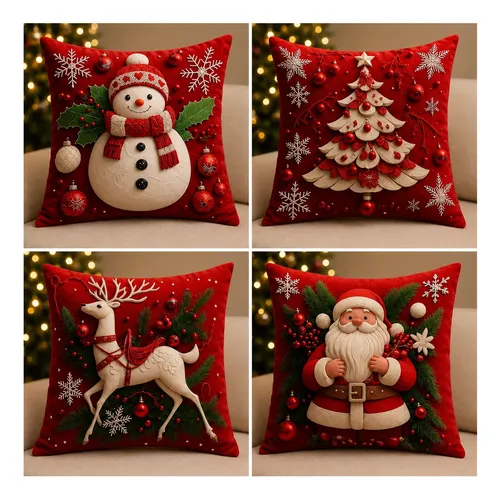 Kit 4 Capas De Almofadas Decorativas 45x45 - Estampadas Natal Vermelha