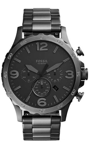 Reloj pulsera Fossil Nate de cuerpo color negro, analógico, para hombre, fondo negro, con correa de acero inoxidable color gris y negro, agujas color gris y negro, dial gris, subesferas color gris y negro, minutero/segundero gris, bisel color gris y desplegable