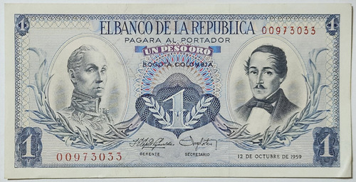 Billete 1 Peso 12/oct/1959 Colombia Xf