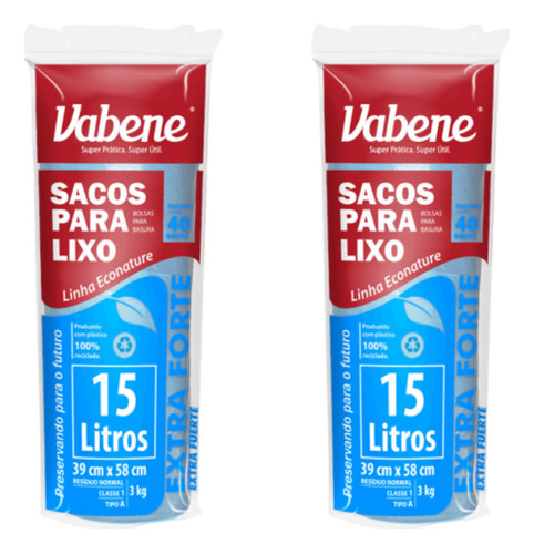 Saco De Lixo Azul 15 Litros 40 Unidades Vabene 2 Pacotes