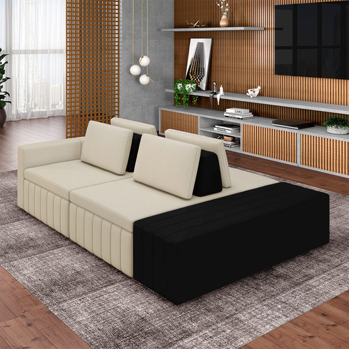 Sofá Ilha Móveis Olimpo 265cm Modulado Linho/pu Bege/preto