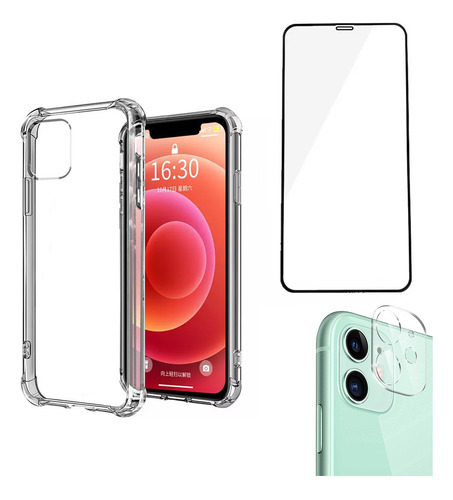 Carcasa Reforzada Para iPhone 11 + Vidrio Full+vidrio Cámara