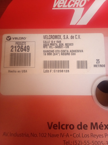 Rollo Gancho Autoadhesivo Marca Velcro Negro 19 Mms X 25 Mts (Usado)