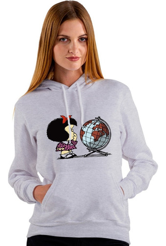 Imagen 3 de 6 de Buzo Gris Capucha Mafalda Globo Mundo Hombre Mujer Niños