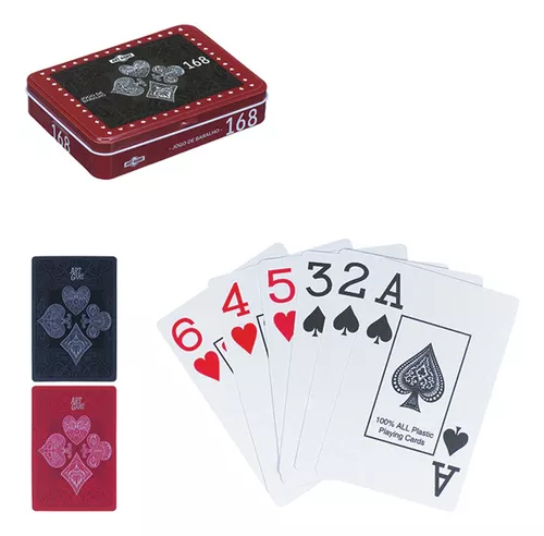 02 Jogos Cartas Baralho Plástico Estojo Lata Tranca Buraco