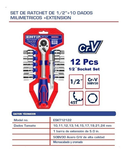 Imagen 2 de 4 de Set De Ratchet De 1/2 +10 Dados Milimetricos +extension