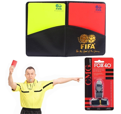 Kit Árbitro De Futebol Apito Profissional Fox 40 + Conjunto Cartões Amarelo E Vermelho C/ Capa Em Couro Pu