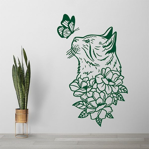 Vinilo Decorativo Pared - Animales - Gato Mariposa Flores