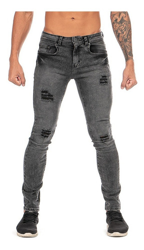 Imagen 1 de 9 de Jeans Mezclilla Stretch Snow Negro Demolición Skinny Hombre