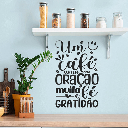 Adesivo Frase Parede Café Oração Fé E Gratidão Preto Fosco