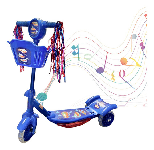Patinete Infantil 3 Rodas Com Led Som Cesta Menino Cor Azul
