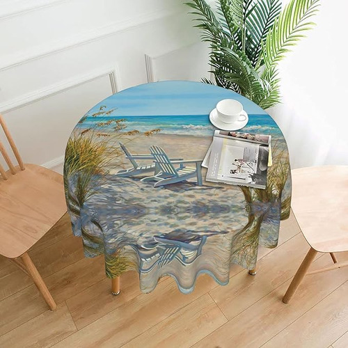 Beach Scene With Chairs Printed Round Tablecloth Waterproof