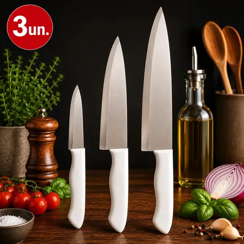 Kit 3 Facas Aço Inox Cozinha Corte Afiado Carne Açougueiro Chef Cabo Branco - Marca Kill Rex