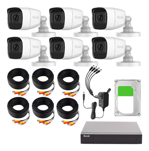 Hilook Kit de Camaras de Seguridad Exterior Con Micrófono Integrado + Disco Duro 3TB Modelo HLPS-PLUS6+3TB Video Vigilancia TurboHD 1080p CCTV 6 Cámaras Bala