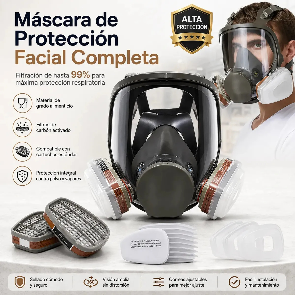 Máscara Facial Completa LeTech 6800 para Protección Respiratoria NIOSH