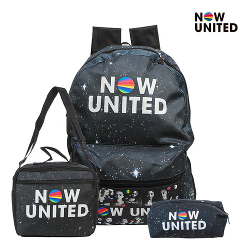 Mochila Escolar Pop Now United Costas Kit Lancheira+estojo Cor Preto Desenho Do Tecido Now United