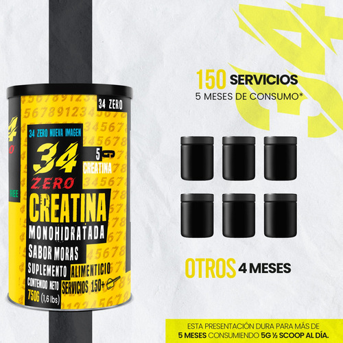 34 Zero Creatina Monohidratada 750g 150 Servicios Sabores Moras