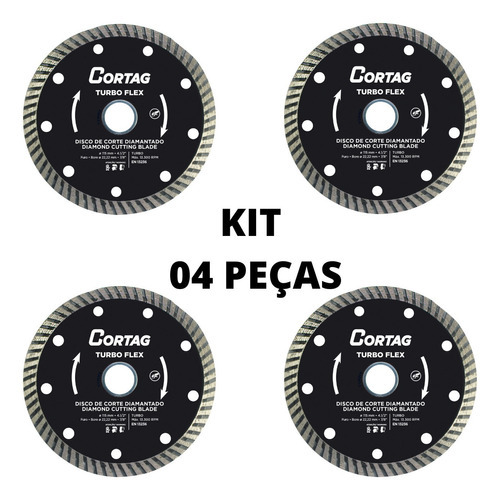 Kit 4 Disco Corte Diamantado Turbo Flex Furo 22,22mm Cortag Cor Preto