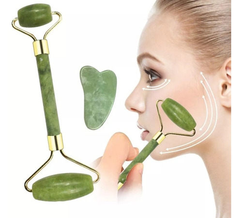 Rodillo De Jade Y Guasha Kit Masaje Facial Antiedad Tonifica