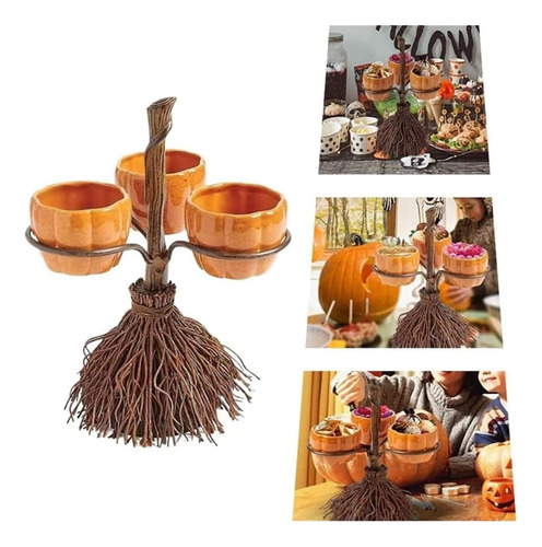 Cuencos De Calabaza De Resina De Halloween En La Escoba Para