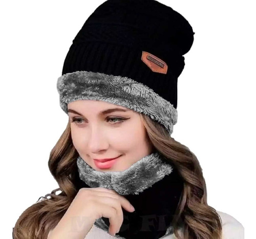 Combo Gorro Beanie + Cuello Lana Corderito Mujer Invierno