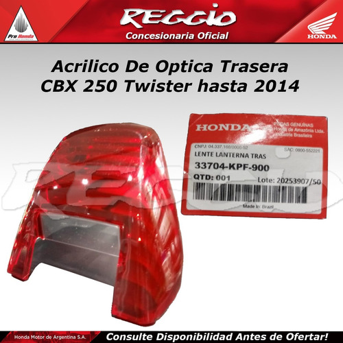 Acrilico De Optica Trasera Cbx 250 Twister H /2014 - Reggio