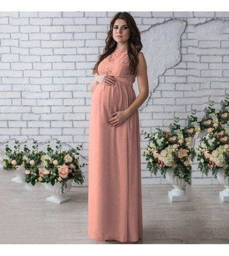 Vestido Largo De Gala Gasa De Encaje Embarazada Maternidad