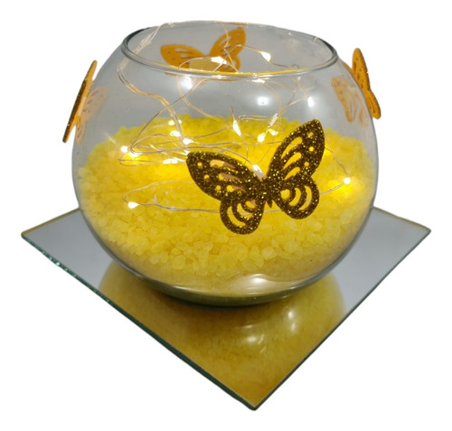 6 Pecera Led Mariposas Centro Mesa Luminoso Souvenir Dorado 