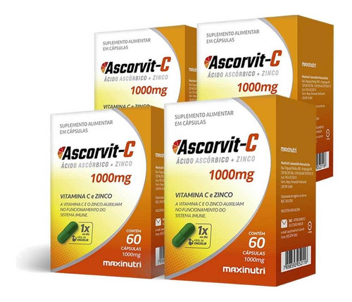 Kit 4 Ascorvit Fonte De Vitamina C + Zinco 60 Cáps Maxinutri