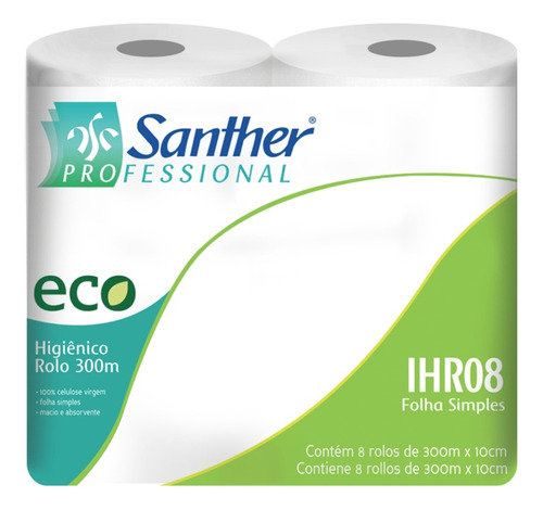 Papel Higiênico Santher 300m Eco Ihr08 Folha Simples 8 Rolos