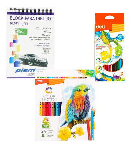 Kit 12 Lapices Deli Acuarelables 24 De Colores Block Dibujo