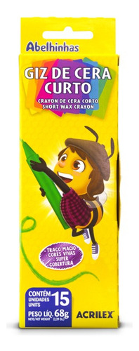Giz De Cera Curto Acrilex 15 Cores Escolar Infantil