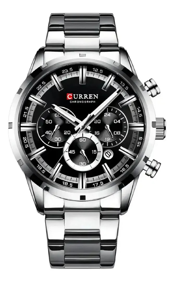 Reloj Curren 8355 Acero Inoxidable Hombre Correa Plateado Bisel Plateado Fondo Negro