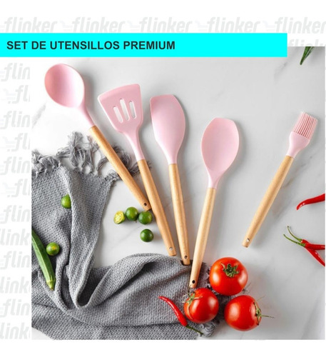 Imagen 3 de 10 de Kit X12 Utensillos Cocina Set Premium Silicona Y Madera