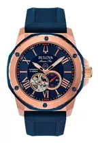 Comprar Reloj Pulsera Bulova Marine Star 98a22 De Cuerpo Color Oro Rosa Y Azul, Analógico, Para Hombre, Fondo Azul, Con Correa De Silicona Color Azul, Agujas Color Oro Rosa Y Blanco, Dial Oro Rosa, Subesferas