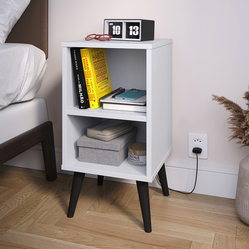 Kit 2 Criados Mudo P/ Quarto Compacto C/ Prateleira Pés Retrô - Branco