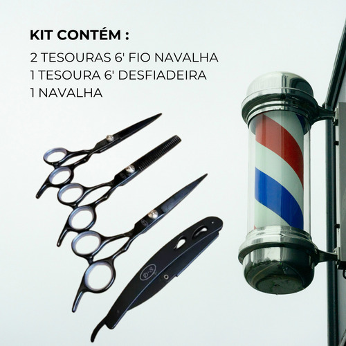 Kit 3 Tesouras Profissionais Barbeiro Fio Laser Navalhas