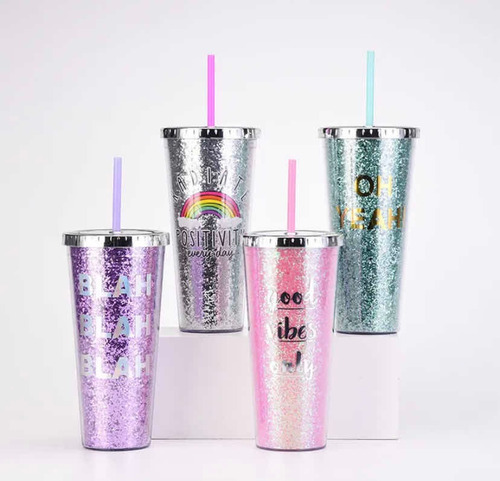 Vaso Para Agua Con Popote Con Brillo