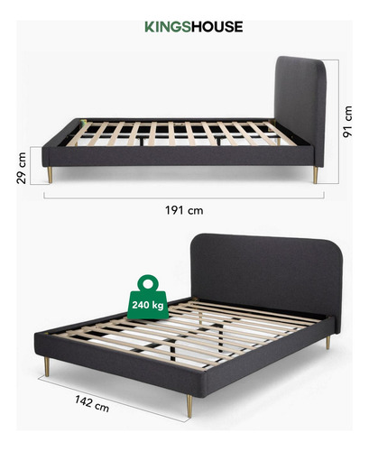 Base De Cama Matrimonial Con Cabecera Tapizada Marco De Metal Madera Box Para Colchón Color Gris Kingshouse
