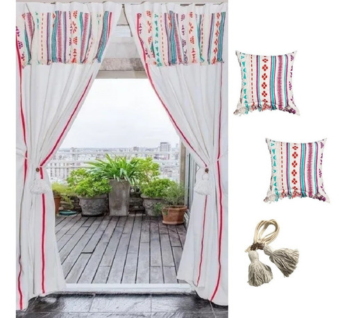 Imagen 1 de 7 de Cortinas Rusticas Ambiente Faldon +borlas +almohadones Wichi