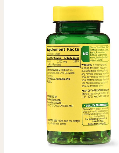 Imagen 2 de 2 de Vitamina A 2400 Mcg 250 Capsulas Spring Valley