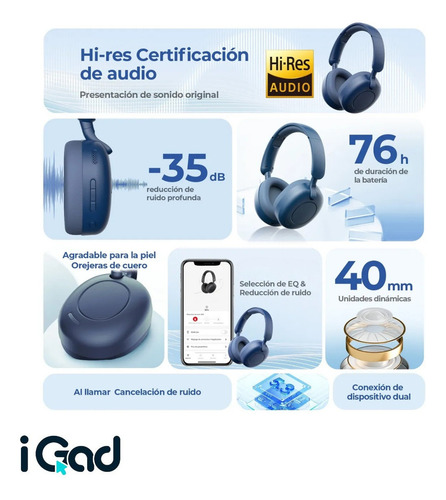 Audífonos Bluetooth 5.3 Igad Hi-res Inalámbricos Diadema Cancelación De Ruido Con Micrófono Y Cable Tipo C Azul