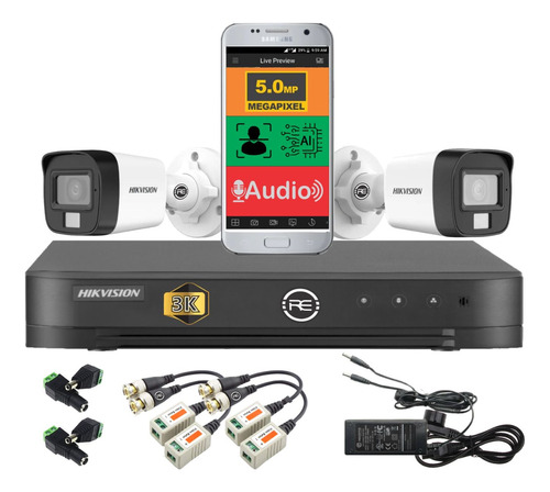 Kit Seguridad Hikvision Dvr + 2 Camaras 5mp Dual Light Audio