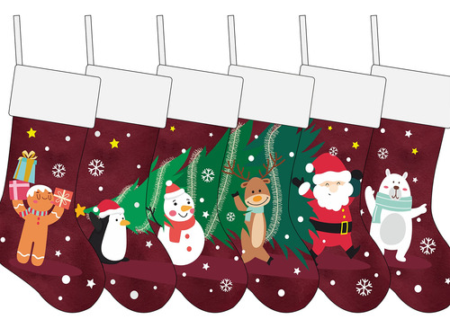 Juego De 6 Medias De Navidad Bordadas De Arpillera 50cm